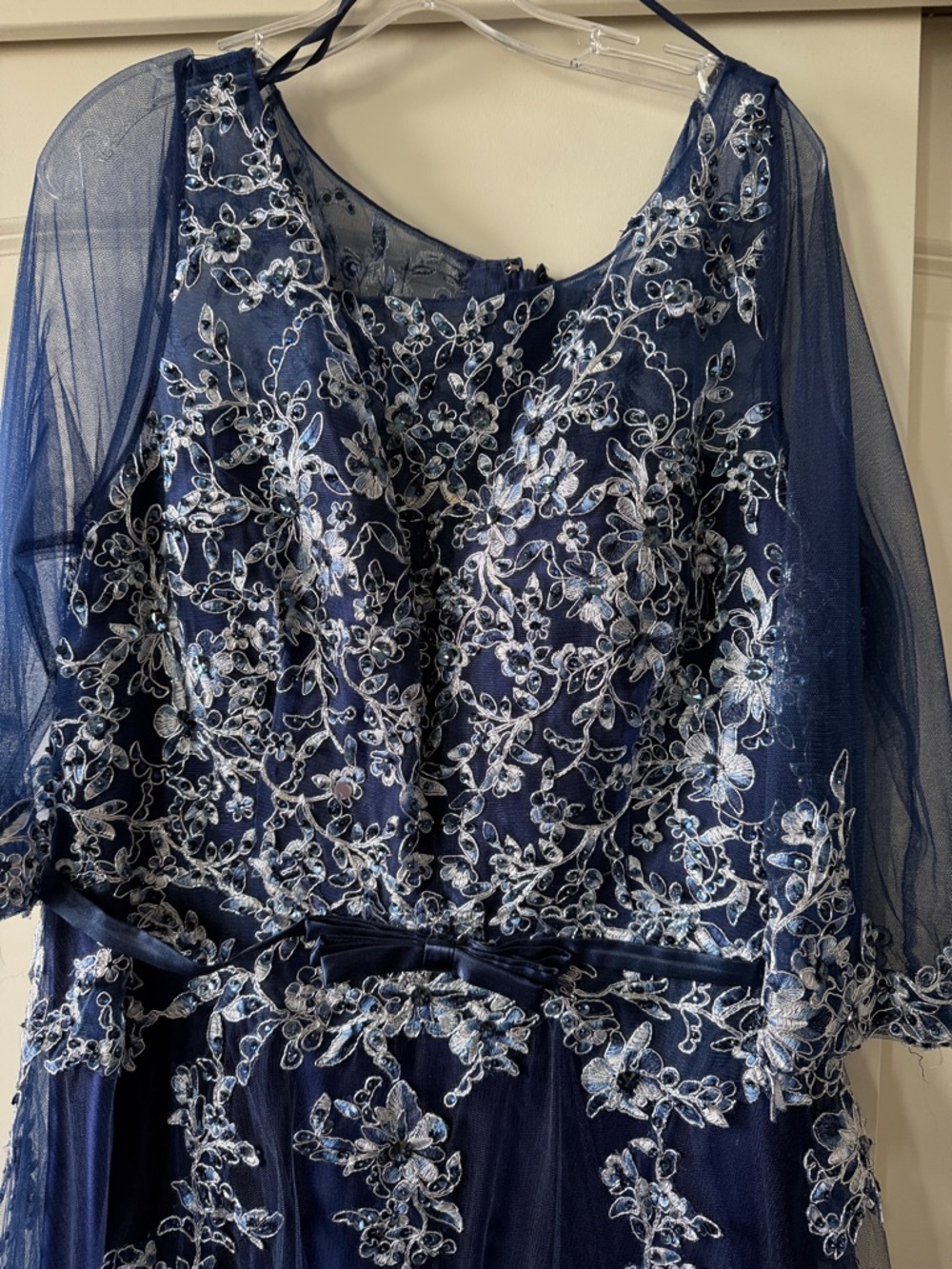 Navy Blue Embroidered Tulle Evening Dress - Picture 3 of 10